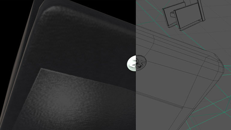 Imagen comparativa entre wireframe y render final. Los acabados del sombreado sobre negro buscan plasmar los matices de una superficie aterciopelada. El aplique con el número 25 referencia la edición del festival. (Duplo)