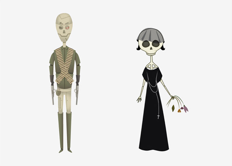 Esbozos preliminares al modelado 3D de los personajes de Mr. War (señor Guerra) y Ms. Dead (Señora Muerte) elaborados por Pirusca para Duplo..