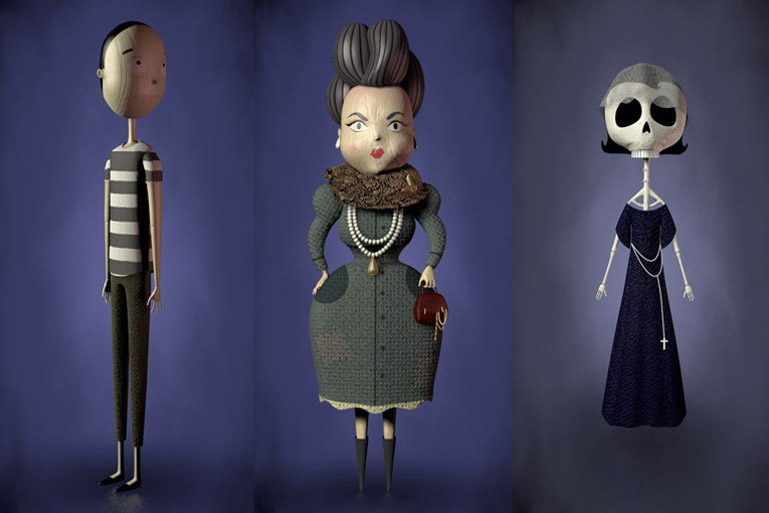 Modelado 3D y texturado de los personajes Mr Indifference (Señor Indiferencia), Mrs Greed (Señora Avaricia) y Mrs Death (Señora Muerte).